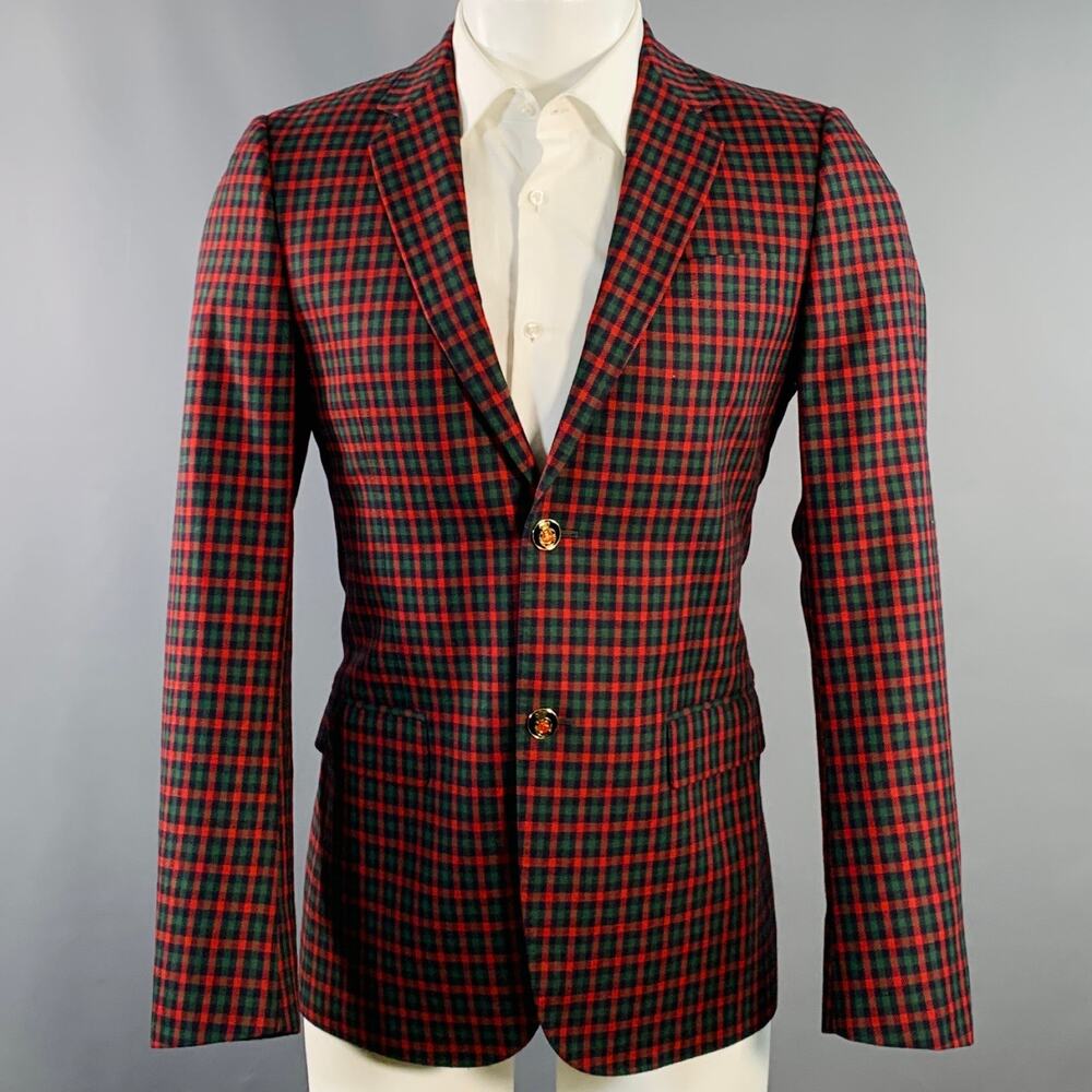 GUCCI Size 36 Regular Red Green Navy Plaid Wool Cashmere Sport Coat
